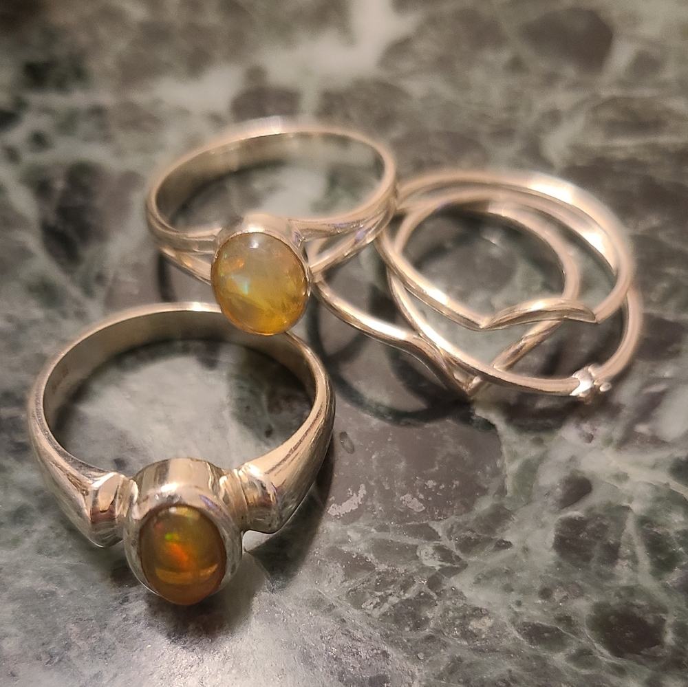 Lot of 5 Rings Sterling Silver, Natural Opal, and CZ